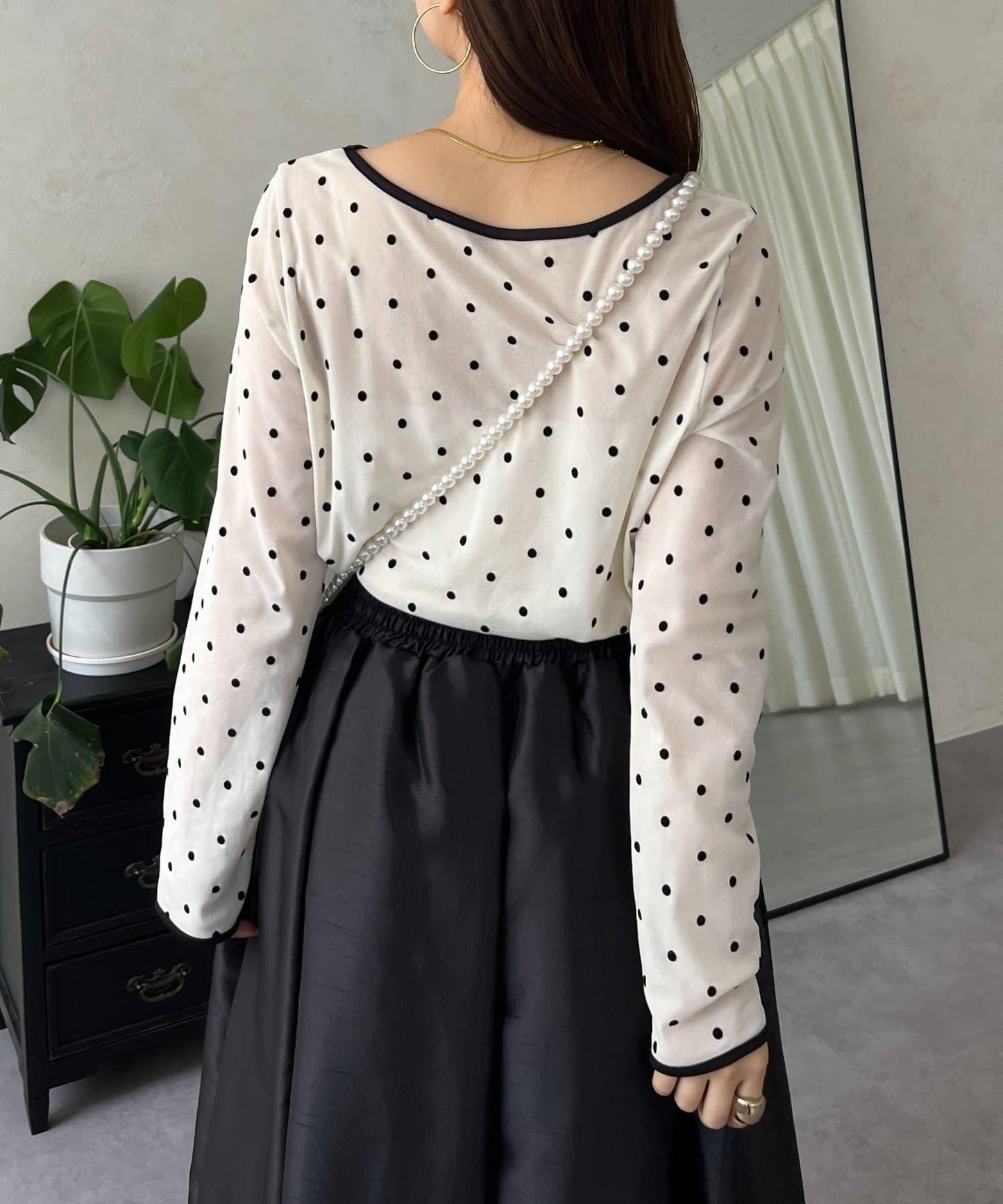絨面圓點船領雪紡上衣
