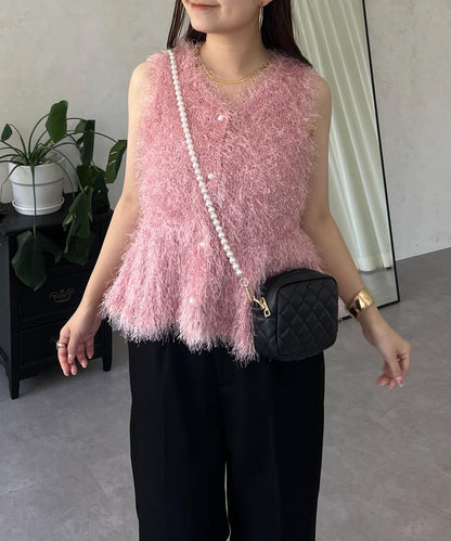 珍珠扣荷葉邊絨毛針織馬甲