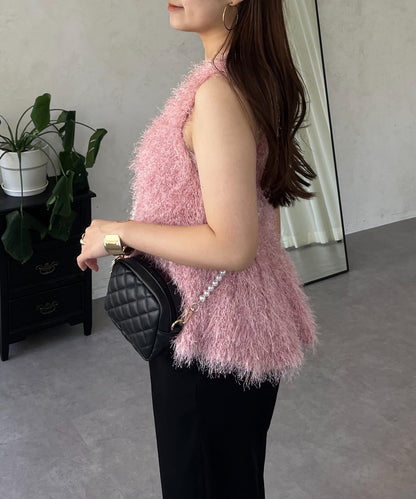 珍珠扣荷葉邊絨毛針織馬甲