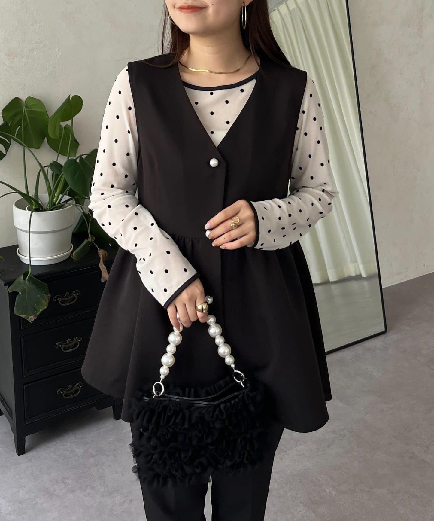 絨面圓點船領雪紡上衣