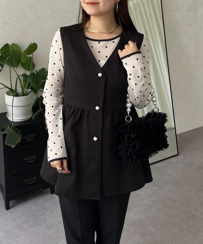 絨面圓點船領雪紡上衣