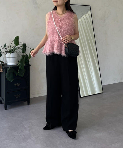 珍珠扣荷葉邊絨毛針織馬甲