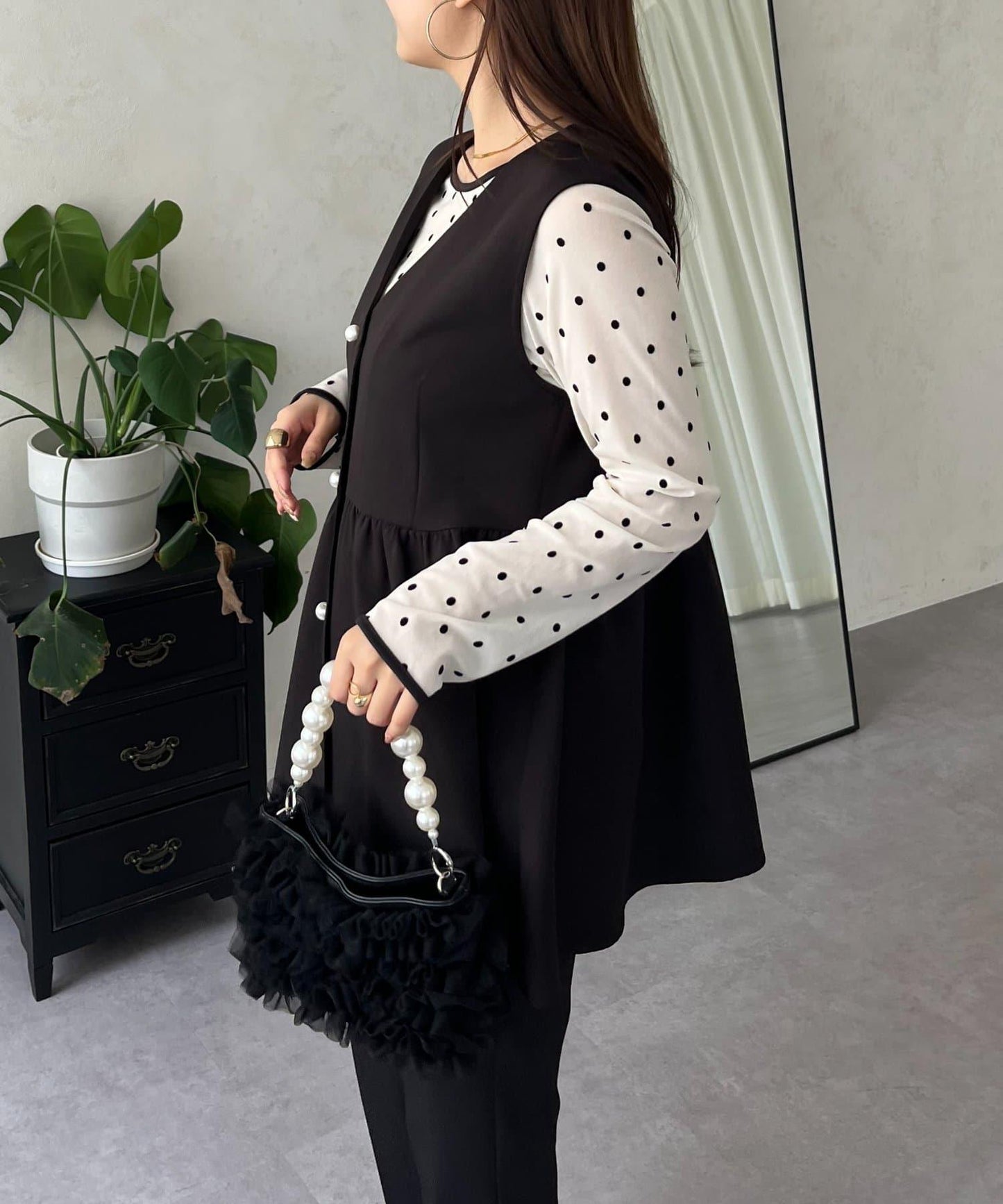 絨面圓點船領雪紡上衣