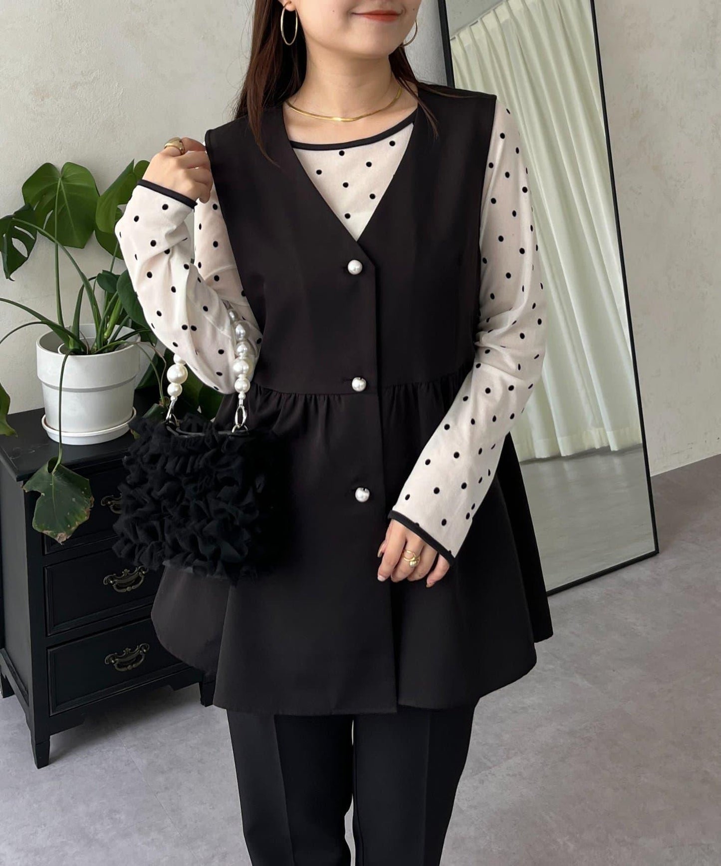 絨面圓點船領雪紡上衣