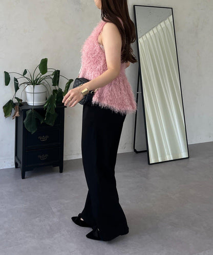 珍珠扣荷葉邊絨毛針織馬甲