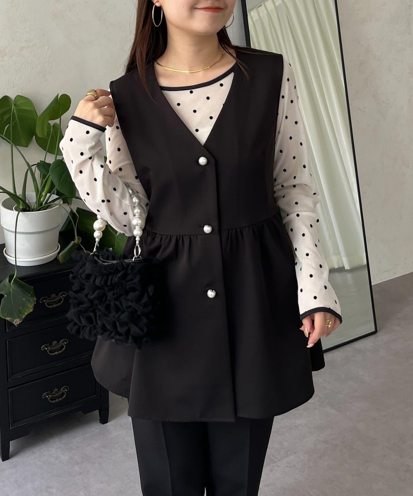 絨面圓點船領雪紡上衣