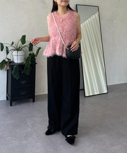 珍珠扣荷葉邊絨毛針織馬甲