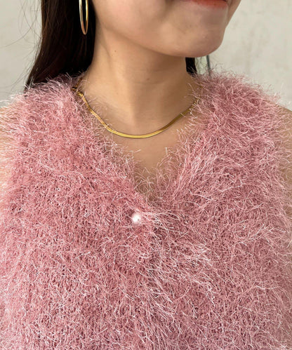 珍珠扣荷葉邊絨毛針織馬甲