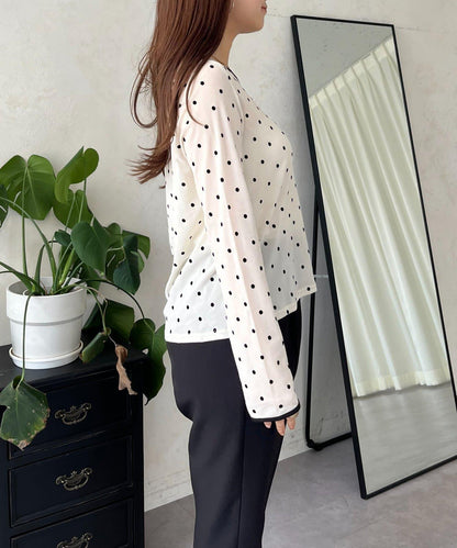 絨面圓點船領雪紡上衣