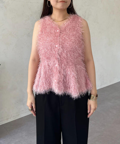 珍珠扣荷葉邊絨毛針織馬甲