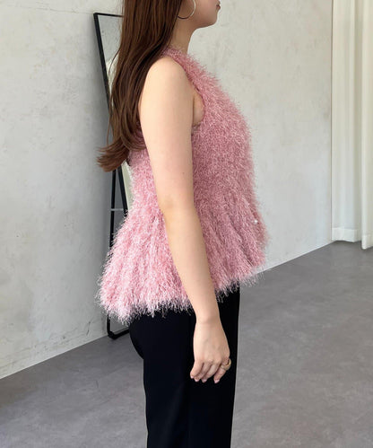 珍珠扣荷葉邊絨毛針織馬甲