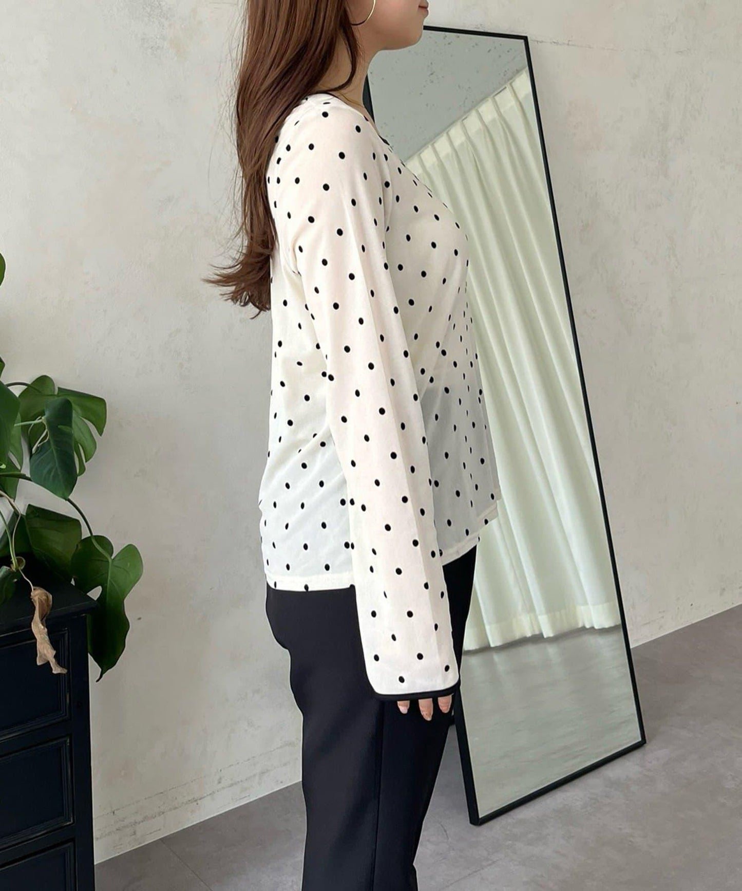 絨面圓點船領雪紡上衣