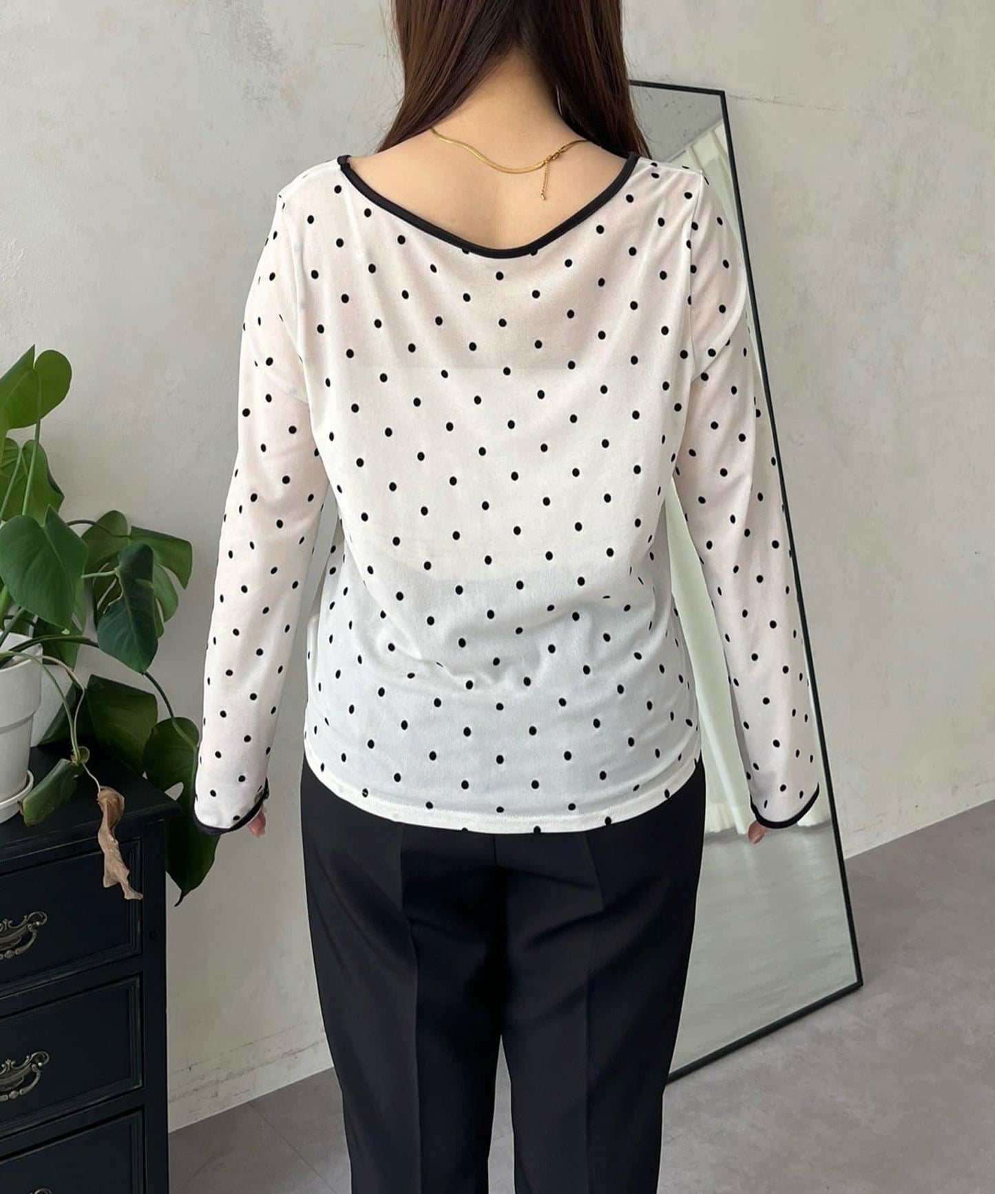 絨面圓點船領雪紡上衣