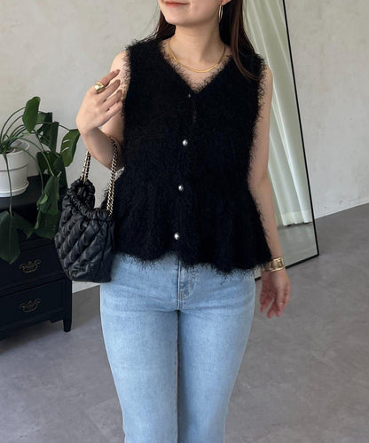 珍珠扣荷葉邊絨毛針織馬甲