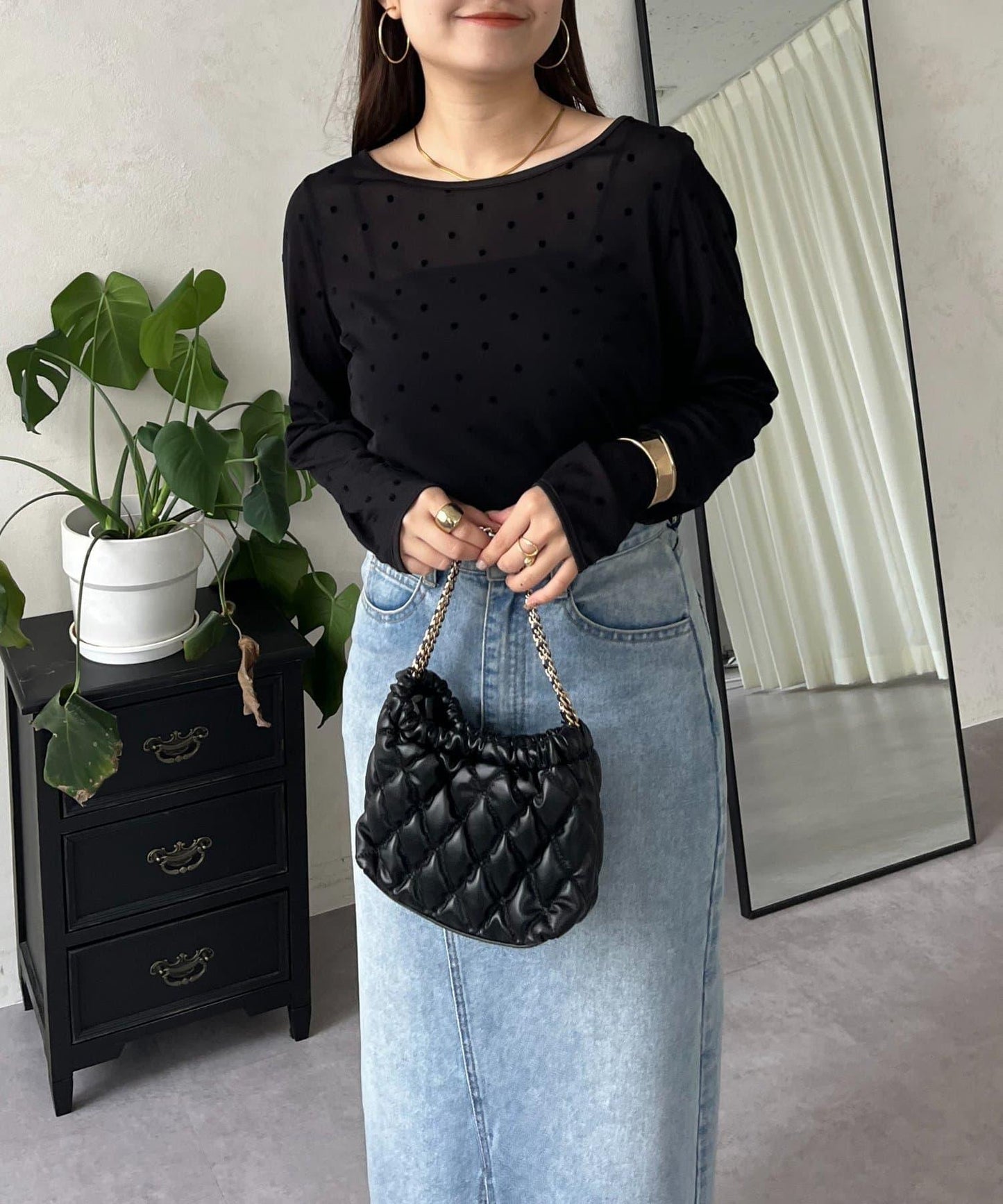 絨面圓點船領雪紡上衣