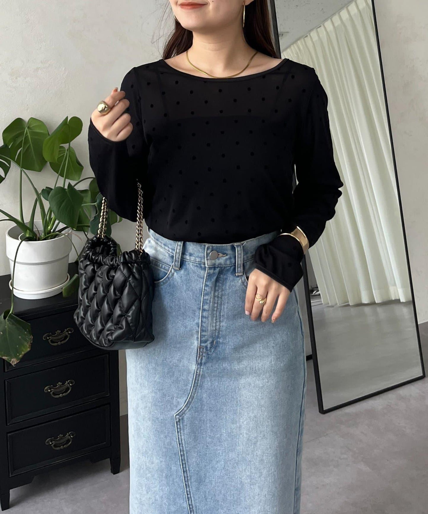 絨面圓點船領雪紡上衣