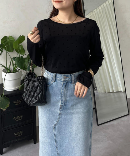 絨面圓點船領雪紡上衣