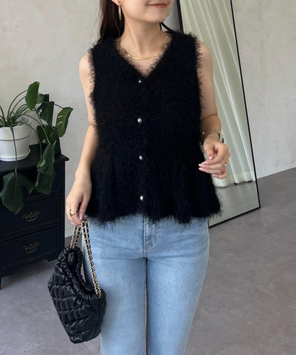 珍珠扣荷葉邊絨毛針織馬甲