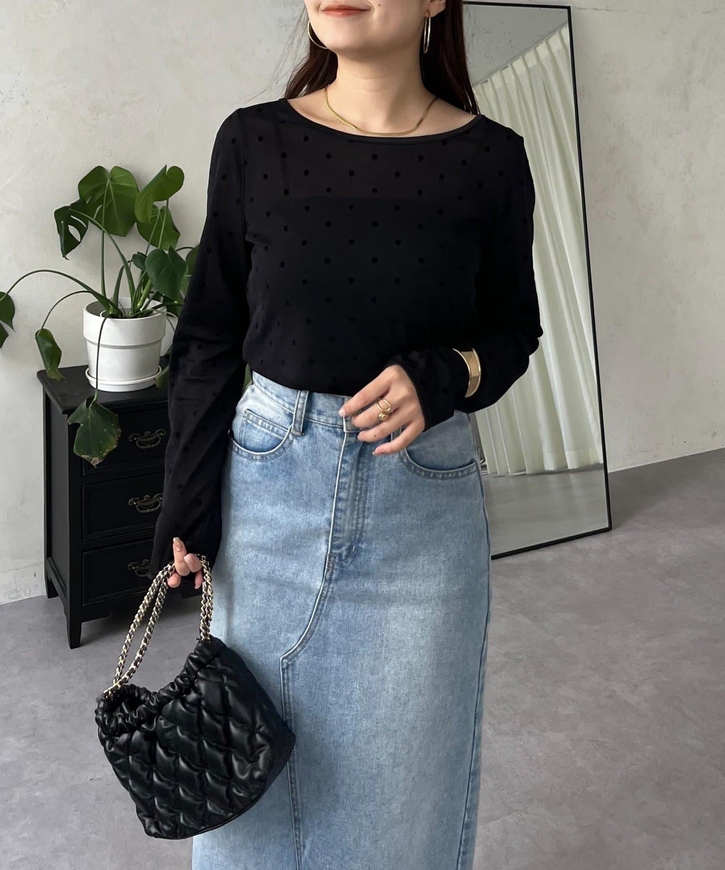 絨面圓點船領雪紡上衣