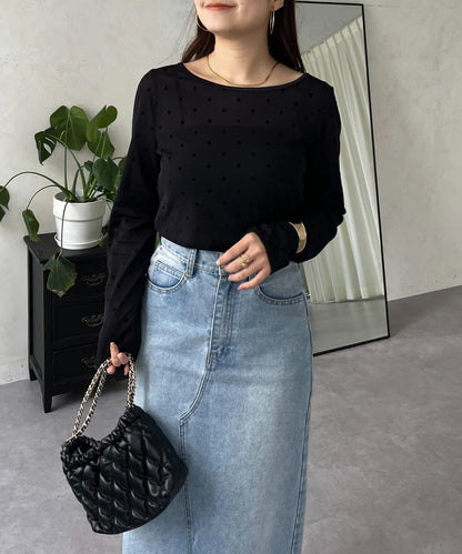 絨面圓點船領雪紡上衣