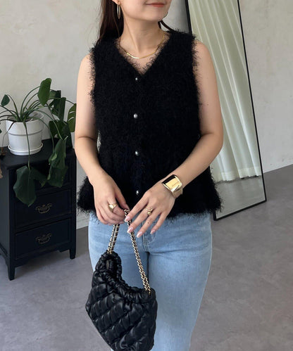 珍珠扣荷葉邊絨毛針織馬甲