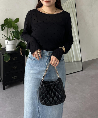 絨面圓點船領雪紡上衣