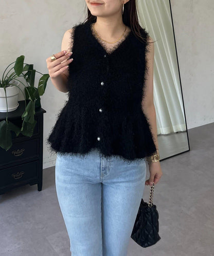 珍珠扣荷葉邊絨毛針織馬甲