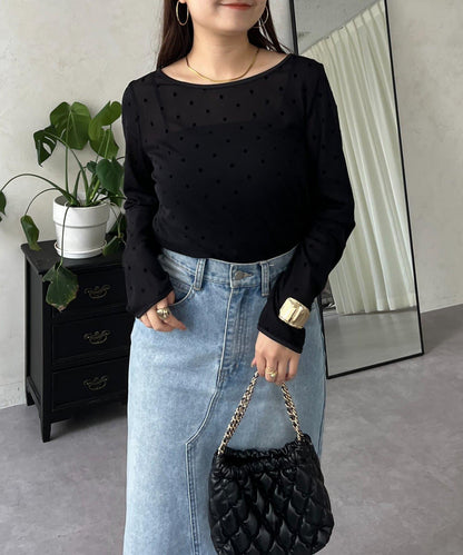 絨面圓點船領雪紡上衣