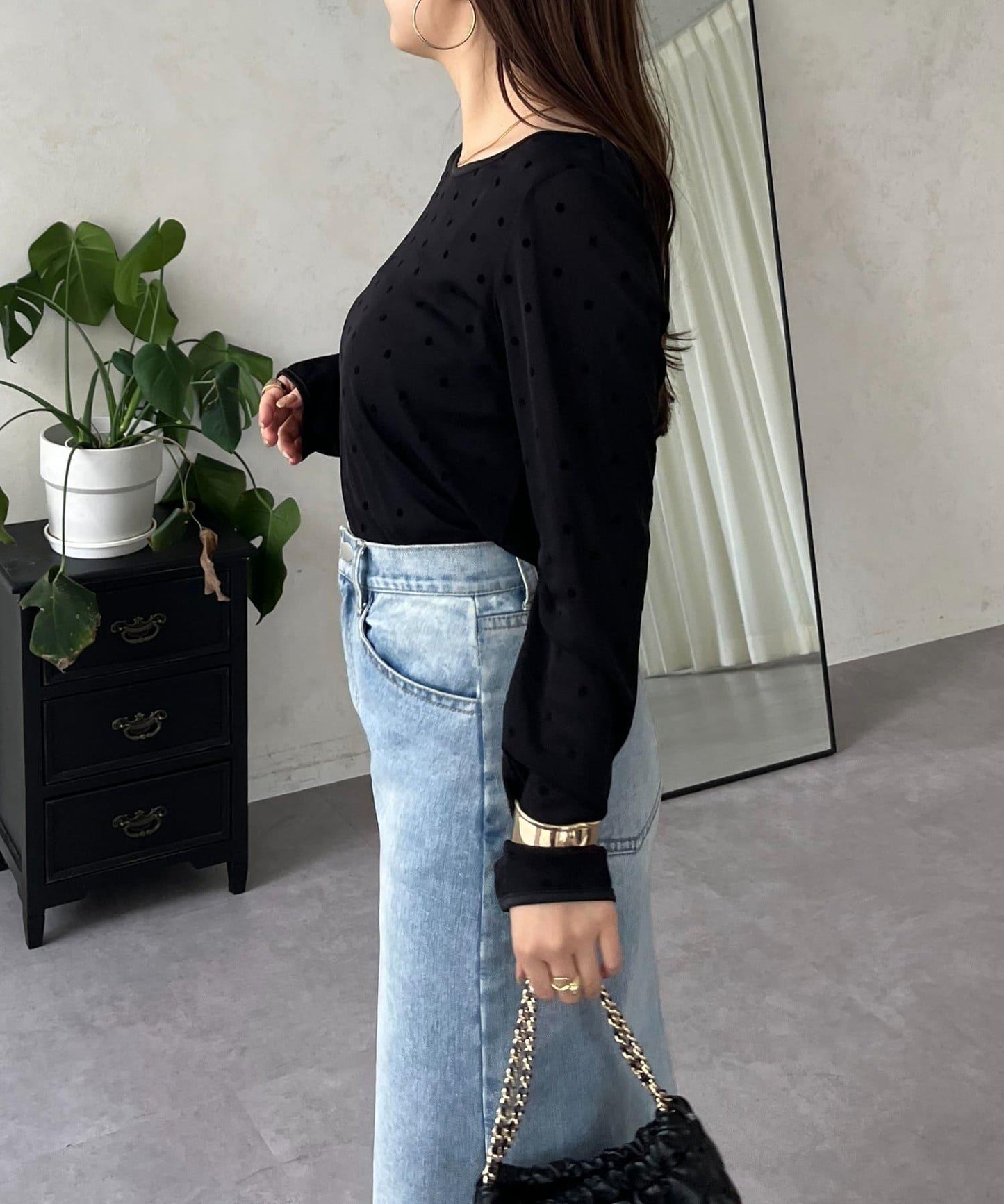 絨面圓點船領雪紡上衣