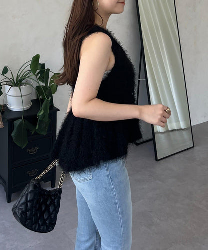 珍珠扣荷葉邊絨毛針織馬甲