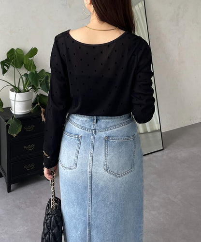 絨面圓點船領雪紡上衣