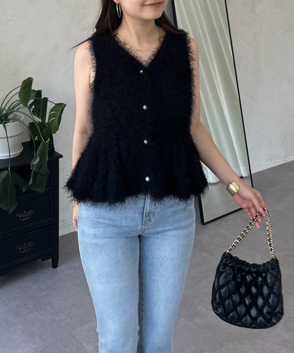 珍珠扣荷葉邊絨毛針織馬甲