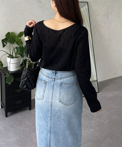 絨面圓點船領雪紡上衣