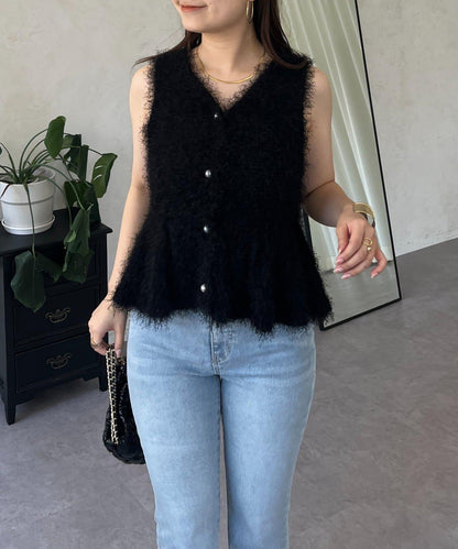 珍珠扣荷葉邊絨毛針織馬甲