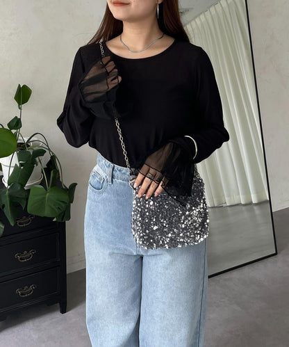 袖口荷葉邊蕾絲透視上衣