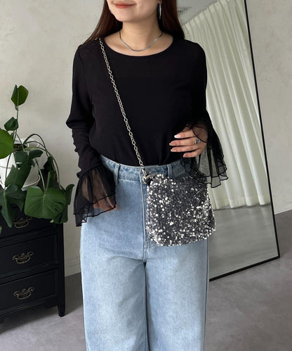 袖口荷葉邊蕾絲透視上衣