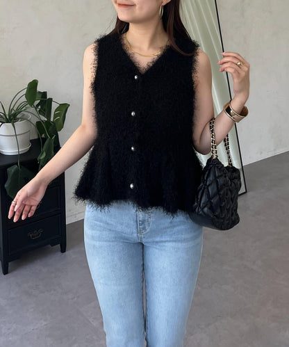 珍珠扣荷葉邊絨毛針織馬甲