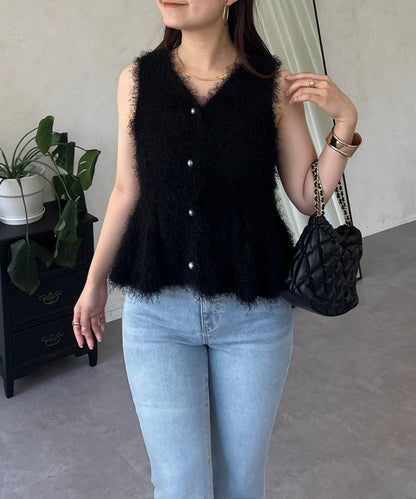珍珠扣荷葉邊絨毛針織馬甲