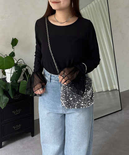 袖口荷葉邊蕾絲透視上衣