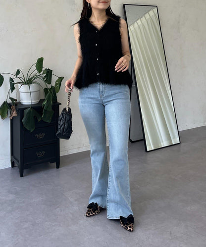 珍珠扣荷葉邊絨毛針織馬甲