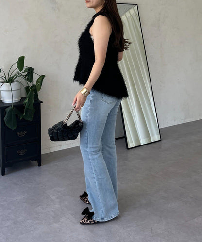 珍珠扣荷葉邊絨毛針織馬甲