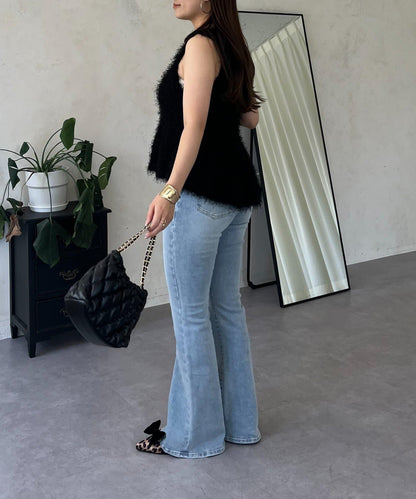 珍珠扣荷葉邊絨毛針織馬甲