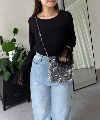 袖口荷葉邊蕾絲透視上衣