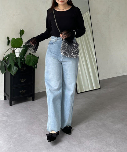 袖口荷葉邊蕾絲透視上衣