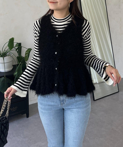 珍珠扣荷葉邊絨毛針織馬甲