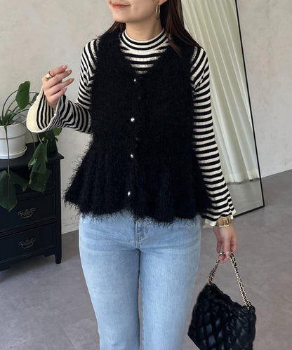 珍珠扣荷葉邊絨毛針織馬甲