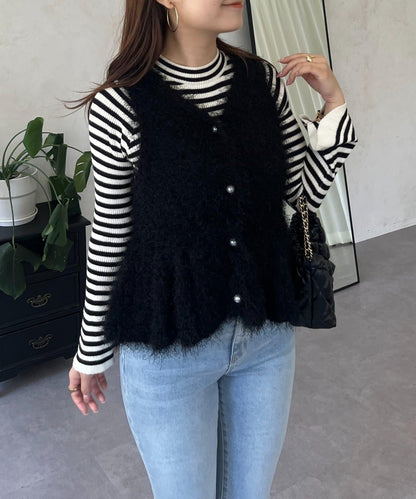 珍珠扣荷葉邊絨毛針織馬甲