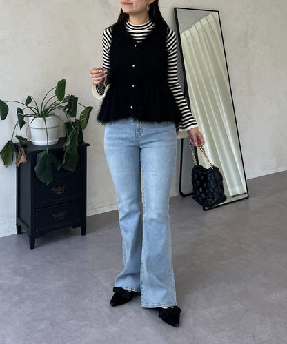 珍珠扣荷葉邊絨毛針織馬甲