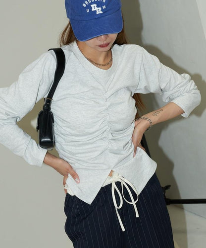 腰部收褶長T恤