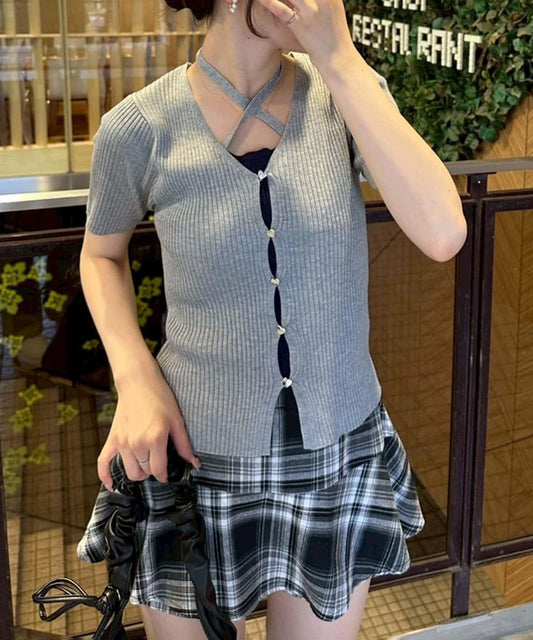 心形紐扣拼接設計針織開衫